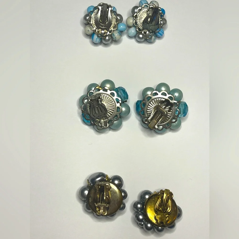 Vintage clip earrings marked Japan lot of 3 pairs blue beaded gold silver gift - Picture 6 of 15